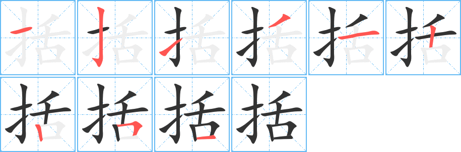 括的筆順?lè)植窖菔?>
					
                    <hr />
                    <h2>括的基本信息</h2>
                    <div   id=