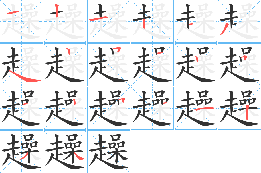 趮的筆順?lè)植窖菔?>
					
                    <hr />
                    <h2>趮的基本信息</h2>
                    <div   id=