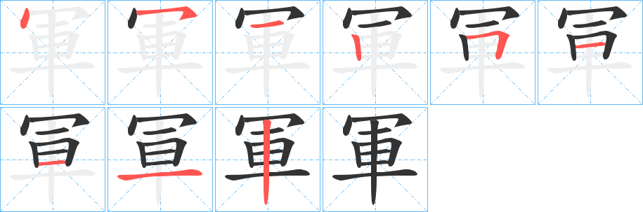 軍的筆順?lè)植窖菔?>
					
                    <hr />
                    <h2>軍的基本信息</h2>
                    <div   id=